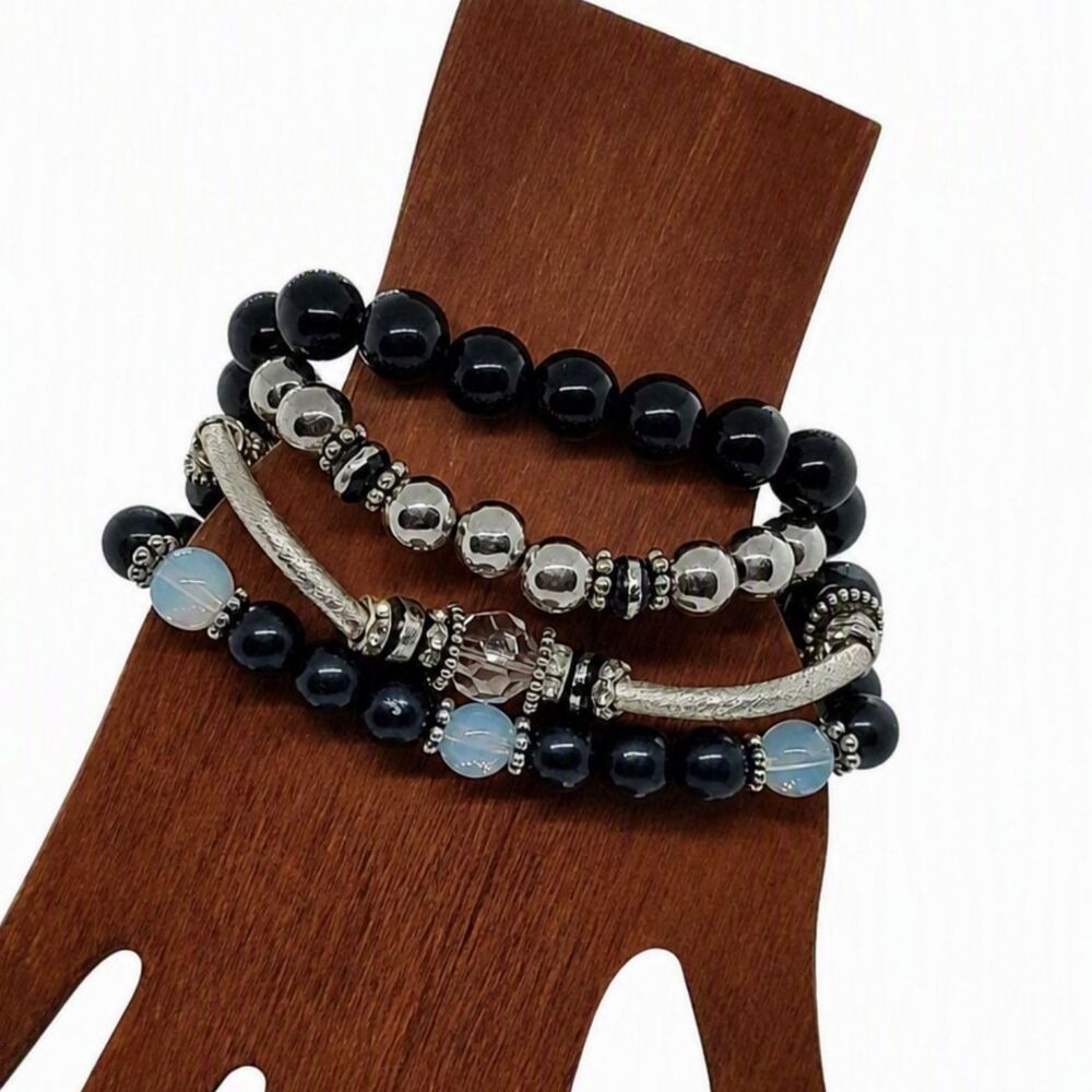 Multi-Stranded Black Silver Tone Elastic Stretch Opalite Beaded Bracelet 7.5"